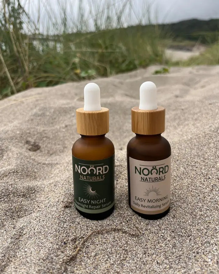 Easy Morning and Easy Night serums outdoors