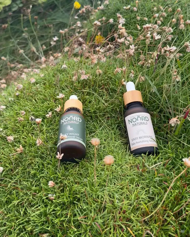 Easy Morning and Easy Night serums outdoors