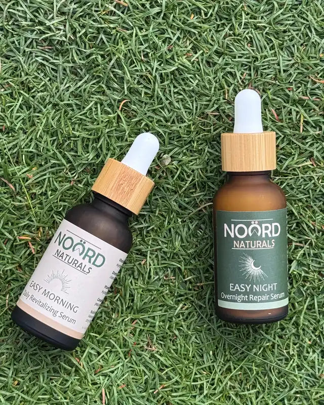 Easy Morning and Easy Night serums outdoors