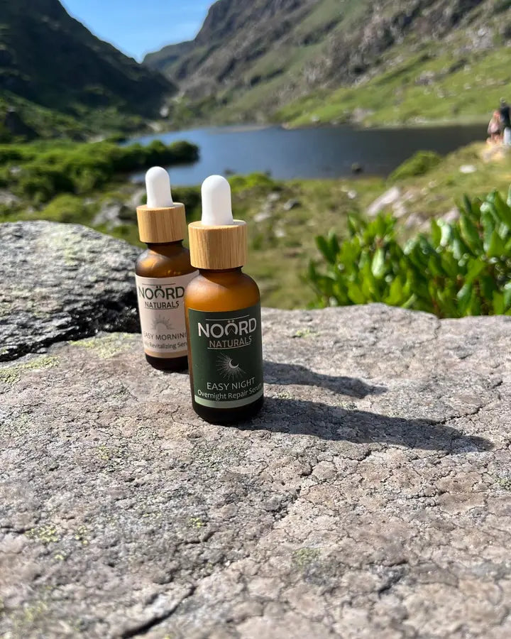 Easy Morning and Easy Night serums outdoors