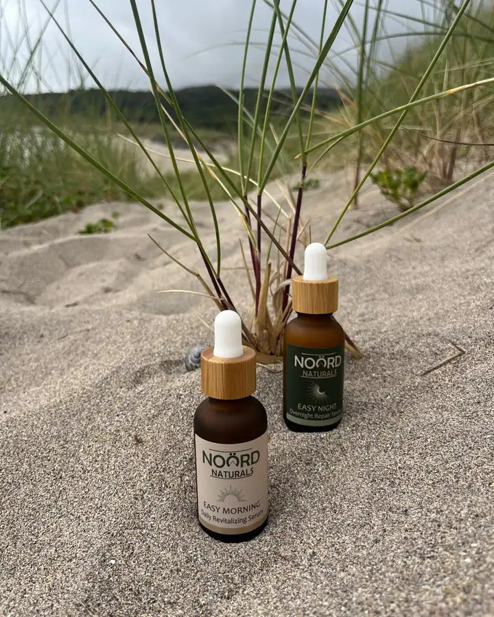 Easy Morning and Easy Night serums outdoors