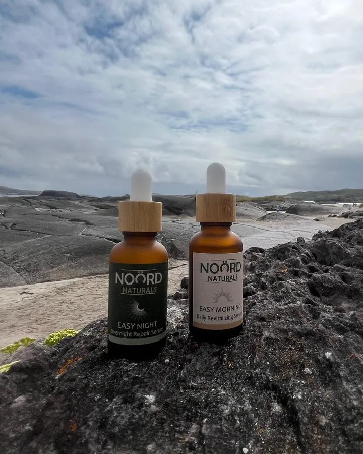Easy Morning and Easy Night serums outdoors