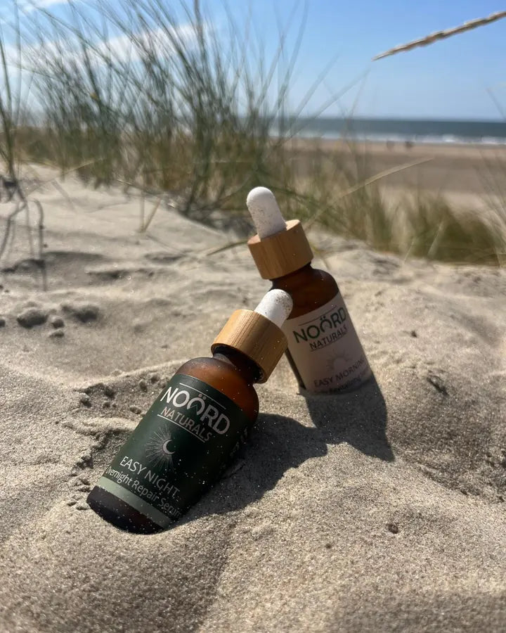 Easy Morning and Easy Night serums outdoors