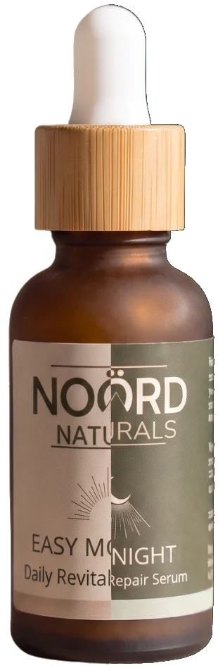 Noörd Naturals serum bottle split in two: Easy Morning label on the left, Easy Night label on the right
